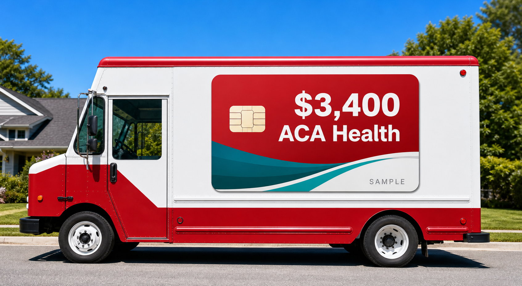 Red and white truck with a sample ACA health card graphic printed on the side